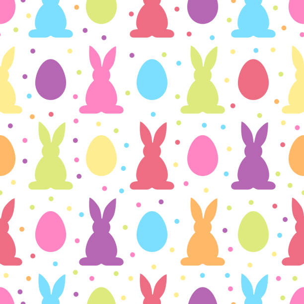 Seamless pattern vector background with colorful Easter eggs and rabbits vector art illustration