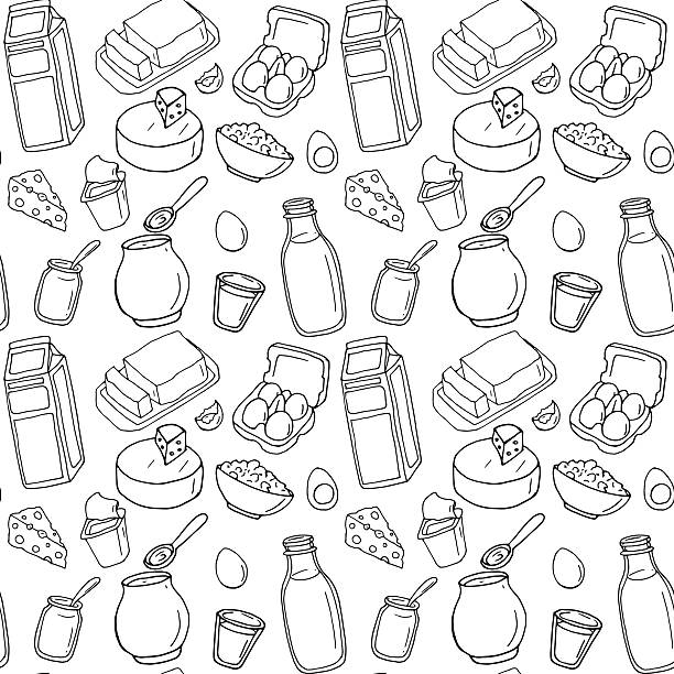Seamless pattern. Vector dairy products Milk, cheese, butter, yogurt, cheese, sour cream, eggs.Healthy food set. Breakfast. Hand drawn illustration on a white background. cheese backgrounds stock illustrations