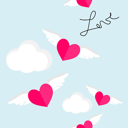 シームレスなパターン ベクトル翼と可愛いハートのフラットなデザインは空を飛んでいます愛とバレンタインの日カードの概念 お祝いのベクターアート素材や画像を多数ご用意 Istock
