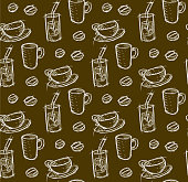 Seamless pattern coffee mug and coffee beans in vintage style