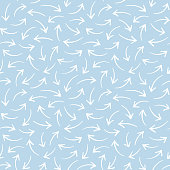 Seamless pattern with hand drawn arrows. Light blue vector background with white arrows