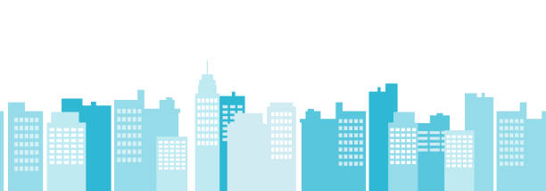 現代の平坦な超高層ビルのシームレスなパターンベクトル。都会の背景、街並みの境界線。 - ビル点のイラスト素材／クリップアート素材／マンガ素材／アイコン素材
