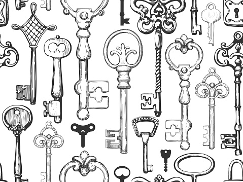 Seamless pattern. Vector set of hand-drawn antique keys. Illustration in sketch style on white background. Old design