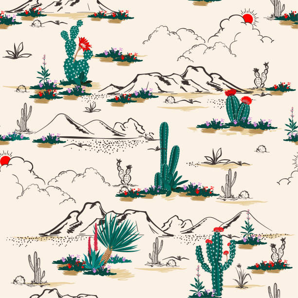 Seamless pattern vector summer cactus on desert mix with beautiful blooming succulents flower for fashion fabric and all prints Seamless pattern vector summer cactus on desert mix with beautiful blooming succulents flower for fashion fabric and all prints on light beige sand background. desert stock illustrations