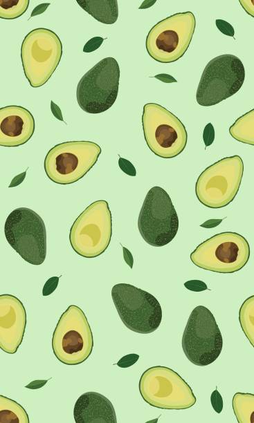 stockillustraties, clipart, cartoons en iconen met naadloos patroon hele en gesneden avocado op heldere groene achtergrond, vector illustratie - avocado