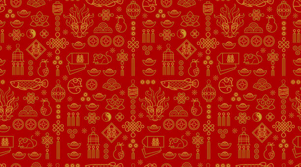 ilustraciones, imágenes clip art, dibujos animados e iconos de stock de patrón sin costuras con un contorno símbolos en el estilo chino. - lunar new year
