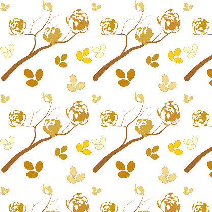Seamless pattern with abstract golden leaves and sakura blossom.