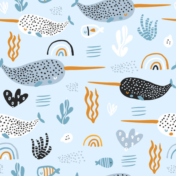 Seamless pattern with abstract narwals, rainbows, seaweeds. Undersea Childish texture for fabric, textile. Vector background  simple fish drawings stock illustrations