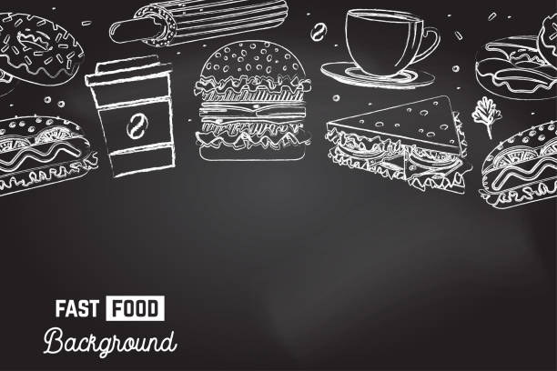 Seamless pattern with american fast food. Fast food background. Vector. Coffee, sandwich, hot dog, burger and donuts drawing on the chalkboard Seamless pattern with american fast food. Fast food background. Vector Illustration. Coffee, sandwich, hot dog, burger and donuts drawing on the chalkboard sandwich backgrounds stock illustrations