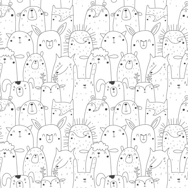 Seamless pattern with animals doodle style black line Seamless pattern with animals bear, Fox, ferret, cat, llama, hedgehog, wolf, hamster, sheep, deer, dog, hare. doodle style black line. Vector illustration wolf face outline drawing stock illustrations