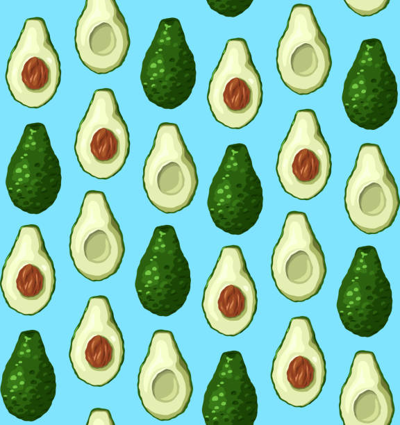 stockillustraties, clipart, cartoons en iconen met naadloos patroon met avocado helften in een rij op blauwe achtergrond. ingrediënten voor guacomole. keto dieet. vector textuur - vegan keto