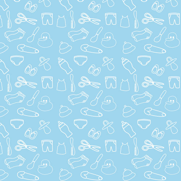Seamless pattern with baby accessories for baby boys Seamless pattern with baby accessories for baby boys.Vector illustration. Can easily change background colors and can do any changes to each item. great for wrapping papers, backgrounds or any design. pregnant patterns stock illustrations