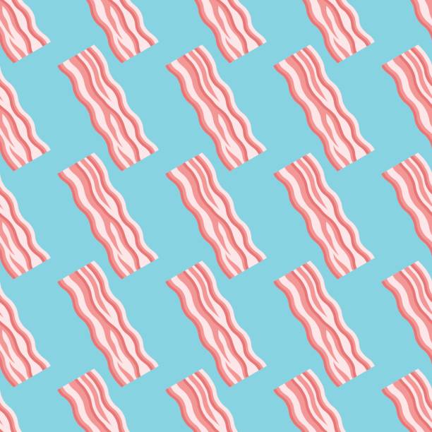 bildbanksillustrationer, clip art samt tecknat material och ikoner med seamless mönster med bacon strips på blå bakgrund - bacon