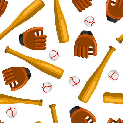 Seamless pattern with baseball gloves, balls and bats in flat style.
