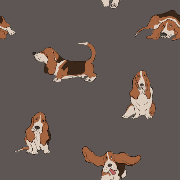 Seamless Pattern With Basset Hound Dog. Seamless pattern with cute Basset Hound dog. Funny doggy background, wallpaper or print design. basset hound stock illustrations