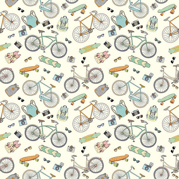 Seamless pattern with bicycles, boards and accsessories Seamless pattern with bicycles, boards and accsessories cycling designs stock illustrations