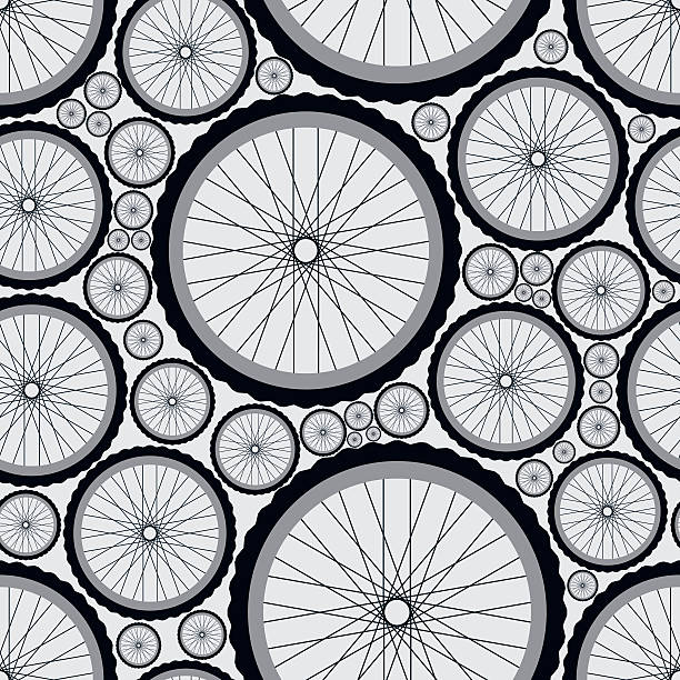 Seamless pattern with bike wheels Seamless pattern with bike wheels. Bicycle wheels with tires, rims and spokes. Gray vector illustration.  cycling backgrounds stock illustrations