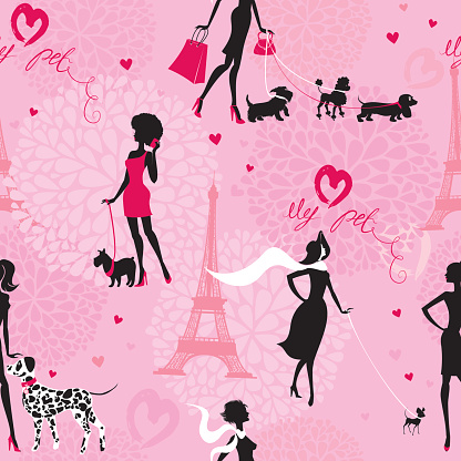 Seamless pattern with black silhouettes of fashionable girls with their pets