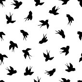 Seamless pattern with black swallow silhouette on white background. Cute bird in flight. Vector illustration.  Doodle style. Design for invitation, poster, card, fabric, textile.