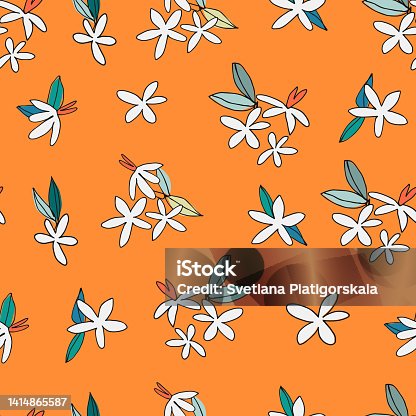 istock Seamless pattern with blooming tangerine, orange for design, posters, illustrations. Healthy vegan food, tropical fruit 1414865587