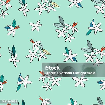 istock Seamless pattern with blooming tangerine, orange for design, posters, illustrations. Healthy vegan food, tropical fruit 1414865588