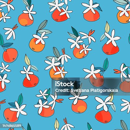 istock Seamless pattern with blooming tangerine, orange for design, posters, illustrations. Healthy vegan food, tropical fruit 1414865589