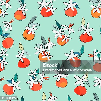 istock Seamless pattern with blooming tangerine, orange for design, posters, illustrations. Healthy vegan food, tropical fruit 1414865590