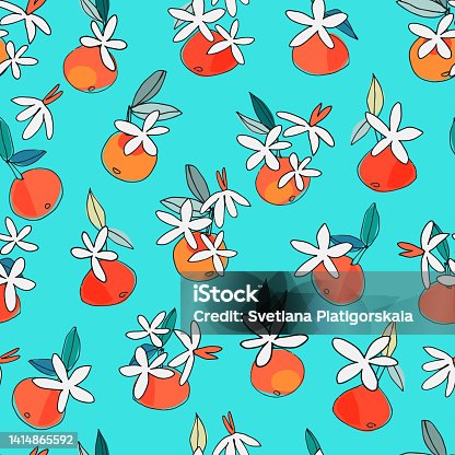 istock Seamless pattern with blooming tangerine, orange for design, posters, illustrations. Healthy vegan food, tropical fruit 1414865592