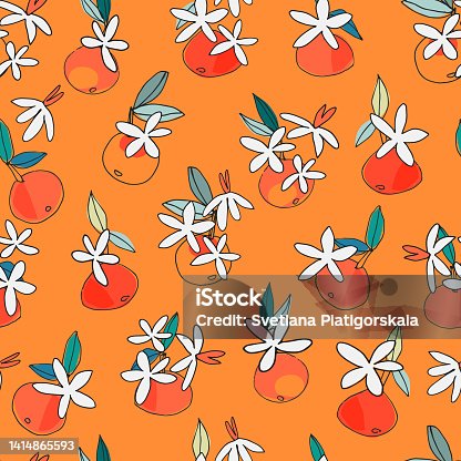 istock Seamless pattern with blooming tangerine, orange for design, posters, illustrations. Healthy vegan food, tropical fruit 1414865593