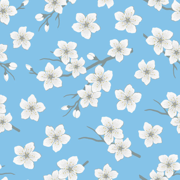 Seamless pattern with blossoming branches of cherry. Spring floral background vector art illustration