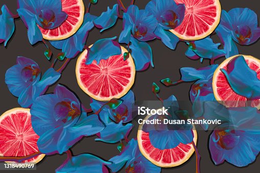 istock Seamless pattern with blue orchids and grapefruit rings 1318490769