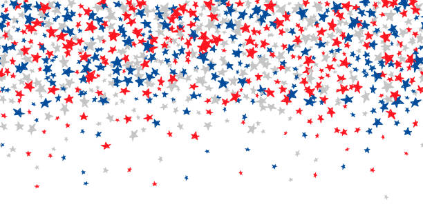 Seamless pattern with blue, red, white stars Horizontal seamless pattern with blue, red, white stars of celebration USA Independence Day, Memorial Day. Holiday confetti in US flag colors for Independence Day on white background.  Vector patriotism stock illustrations