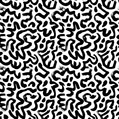 Seamless pattern with bold curles. Hand drawn vector monochrome organic background. Messy doodles, bold curvy lines illustration. Chaotic ink brush scribbles decorative texture. Grunge texture