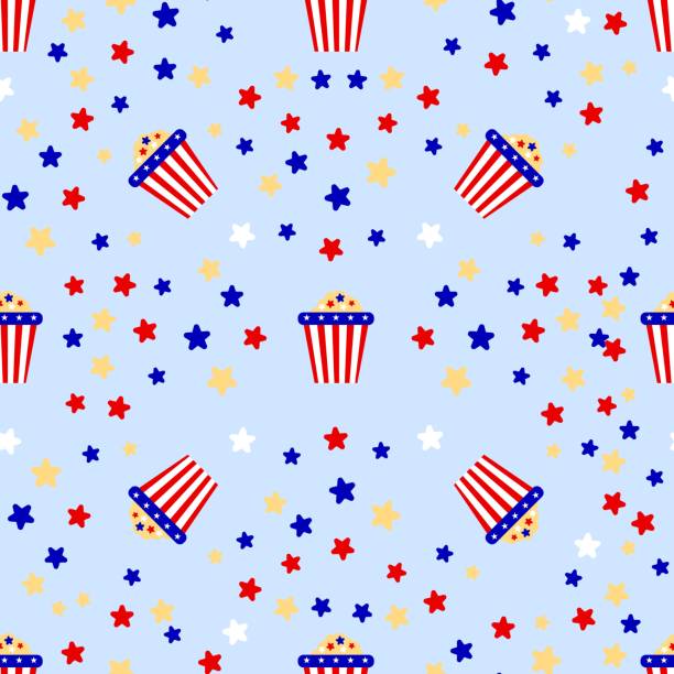 Seamless pattern with box of popcorn of color of American flag. Red blue white Seamless pattern with box of popcorn of color of American flag. Red blue white. Patriotic backdrop. Vector background for wrapping paper, wallpaper, fabric clothes textile. 4th of july concept. national popcorn day stock illustrations
