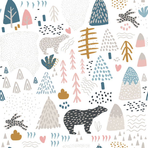 Seamless pattern with bunny,polar bear, forest elements and hand drawn shapes. Childish texture. Great for fabric, textile Vector Illustration Seamless pattern with bunny,polar bear, forest elements and hand drawn shapes. Childish texture. Great for fabric, textile Vector Illustration northern europe stock illustrations