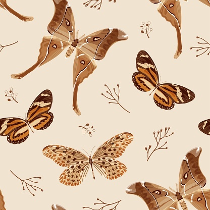 Seamless pattern with butterflies and moths in brown palette. The moth is a mystical symbol and talisman.