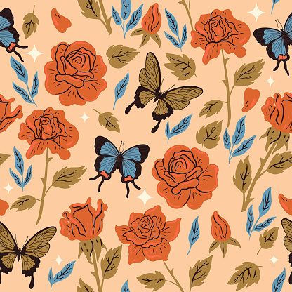 Seamless pattern with butterflies and roses. Vector graphics.
