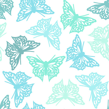 Seamless pattern with butterflies, blue and green color design. Vector butterfly background.
