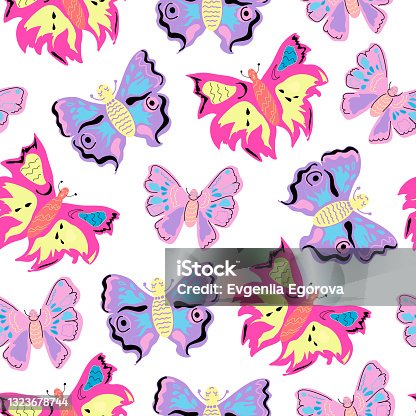 istock Seamless pattern with butterflies in different shades of pink and purple. 1323678744