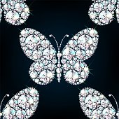 Seamless background with butterfly made of gems and diamonds. For Valentine's Day, Women's Day, Birthday. 3D realistic illustration. Black background. Vector.