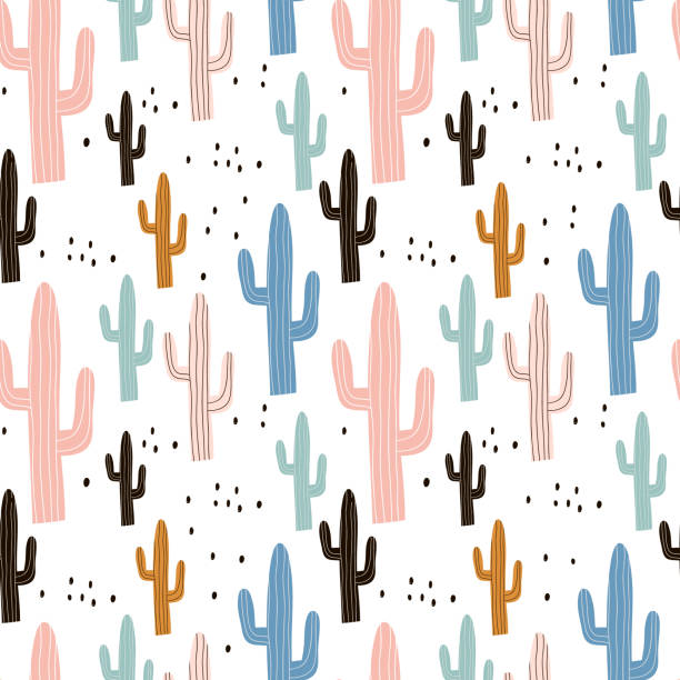 Seamless pattern with cactuses and hand drawn textures.Perfect for fabric,textile.Vector pastel background Seamless pattern with cactuses and hand drawn textures.Perfect for fabric,textile.Vector pastel background cactus patterns stock illustrations