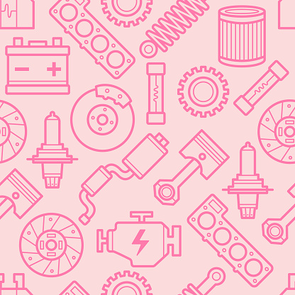 Seamless pattern with car parts in cute pink color.