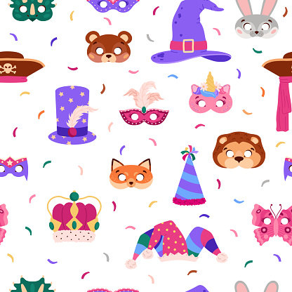 Seamless pattern with carnival masks and party hats flat style