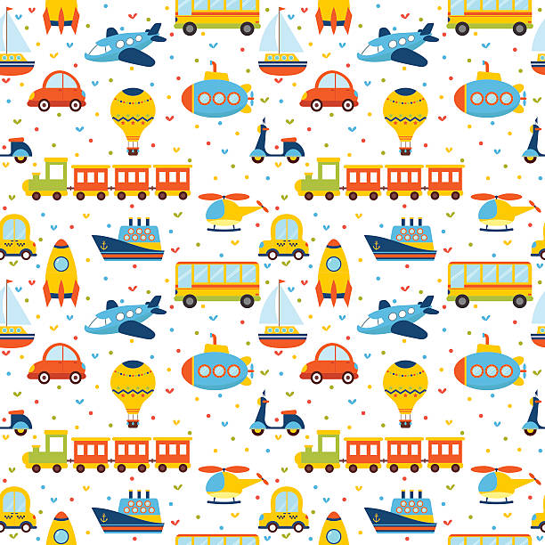 Seamless pattern with colorful cartoon transport Seamless pattern with colorful cartoon transport. Cute background with hearts. Vector illustration car patterns stock illustrations