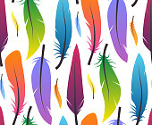 Seamless pattern with colorful different feathers on white background. Vector texture for your wrappers, wallpaper and your design.