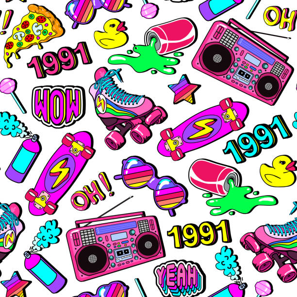 Seamless pattern with colorful elements from the nineties. Background with patches, badges, pins, stickers in 90s comic style. Seamless pattern with colorful elements from the nineties. Background with patches, badges, pins, stickers in 90s comic style. 1991 stock illustrations