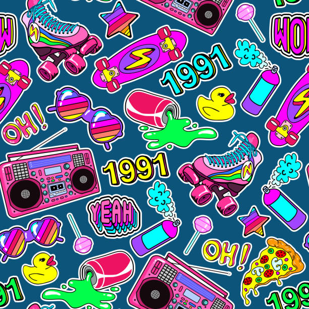 Seamless pattern with colorful elements from the nineties. Dark green background with patches, badges, pins, stickers in 90s comic style. Seamless pattern with colorful elements from the nineties. Dark green background with patches, badges, pins, stickers in 90s comic style. 1991 stock illustrations