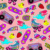 Seamless pattern with colorful elements: skateboard, cap, sunglasses, boombox, rubber duck, vintage roller blades, etc. Background with patches, badges, pins, stickers in 80s comic style