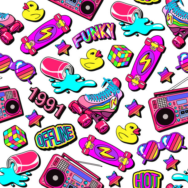 Seamless pattern with colorful elements: skateboard, sunglasses, boombox, rubber duck, vintage roller blades, soda can, etc. Seamless pattern with colorful elements: skateboard, sunglasses, boombox, rubber duck, vintage roller blades, soda can, etc. Background with patches, badges, pins, stickers in 80s comic style.. 1991 stock illustrations