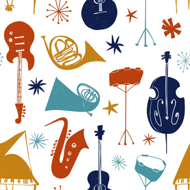 Seamless pattern with colorful musical instruments Funny seamless pattern with colorful musical instruments on a white background. Abstract music collection. guitar backgrounds stock illustrations